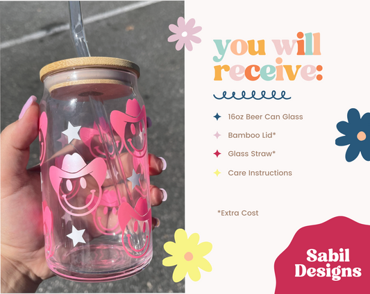 Bachelorette 16oz Pearlescent Pink Cowboy Smiley Face Beer Can Glass, Birthday Cowgirl Cup, Smiley Cup, Cowgirl Cup, Cowgirl Smiley Cup
