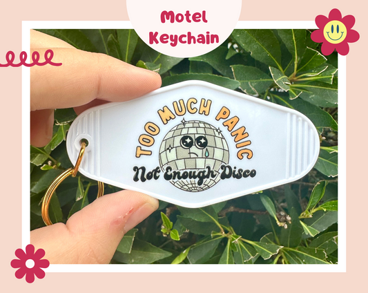 Mental Health Humor Motel Keychain | Too Much Panic Not Enough Disco Keychain, Funny Keychain, Retro Motel Keychain White & Gold